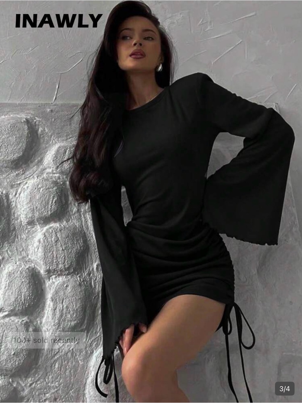 Black Bell-Sleeve Ruched Mini Dress by INAWLY